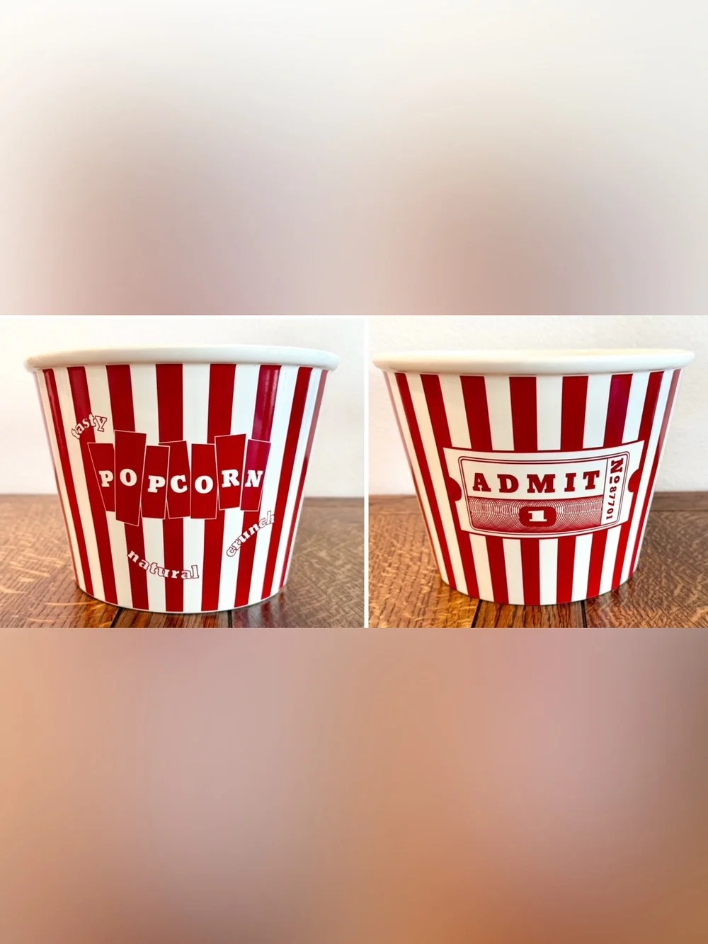 Williams Sonoma Vintage Ceramic Popcorn Bowl/Bucket Red & White Striped 9 x 7